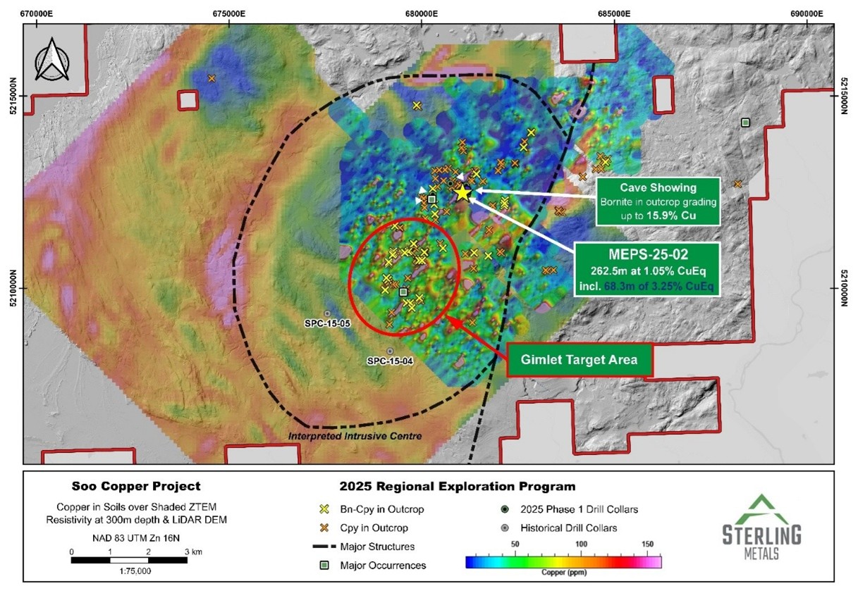 Surface sample locations over copper in soils map, over regional ZTEM survey (resistivity) and Lidar.