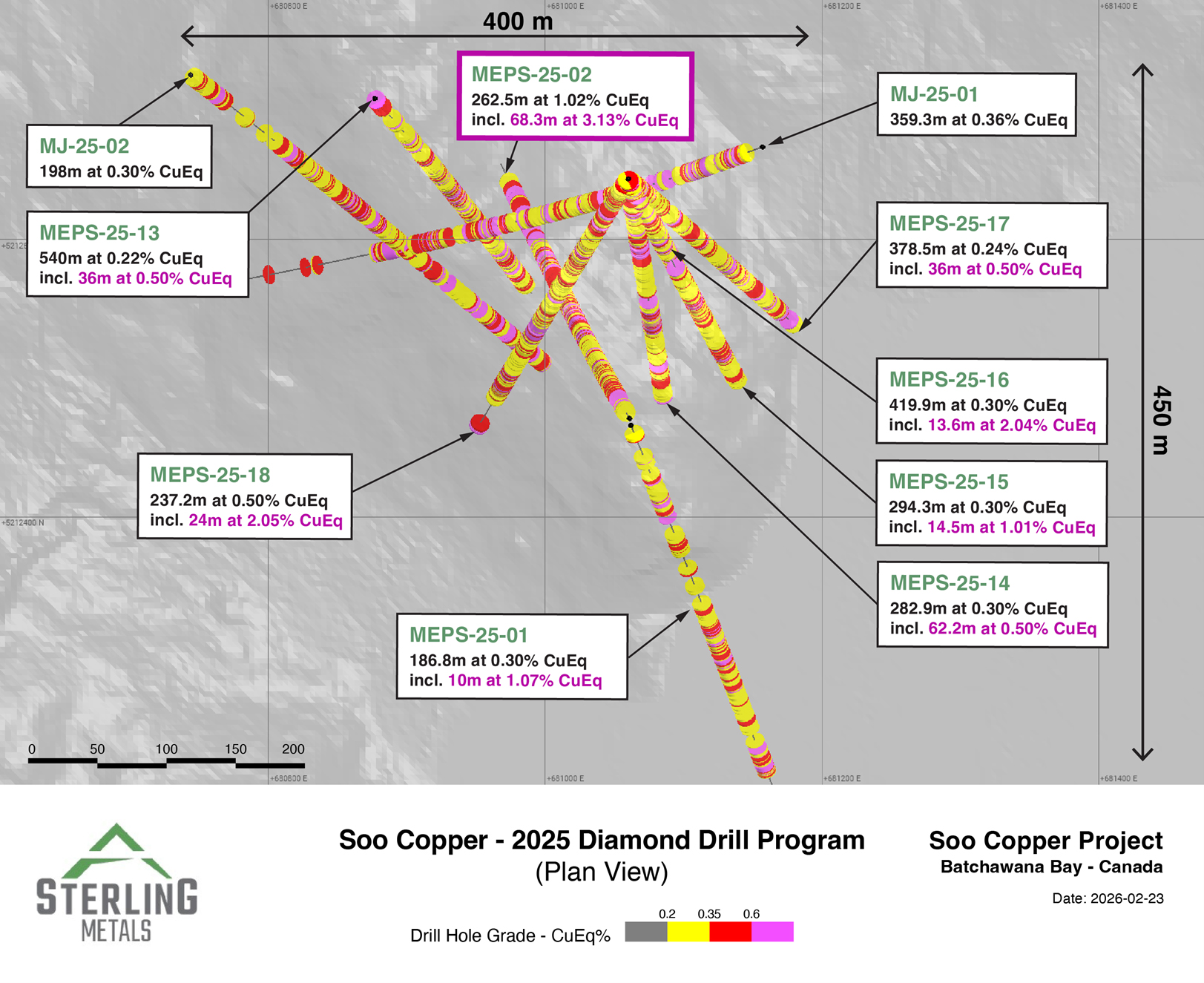 Plan Map of newly released holes from 2025 drilling of the MEPS Zone.