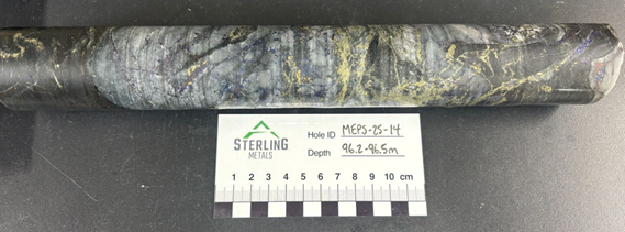 Bornite and chalcopyrite mineralization in MEPS-25-14 at 96.2m grading 5.76% Cu, 1.11 g/t Au, 51.4 g/t Ag and 632 ppm Mo