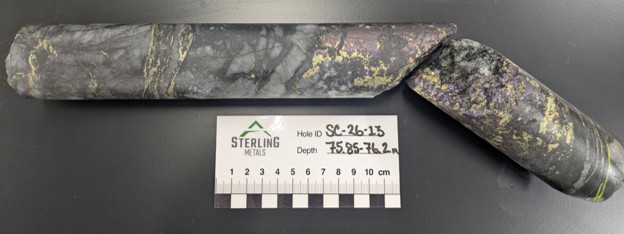 Chalcopyrite- and bornite-rich ribbon vein in SC-26-13 at approximately 75.85 m downhole. The 0.35-m sample returned 11.7% Cu, 2.63 g/t Au, 198 g/t Ag and 52 ppm Mo.